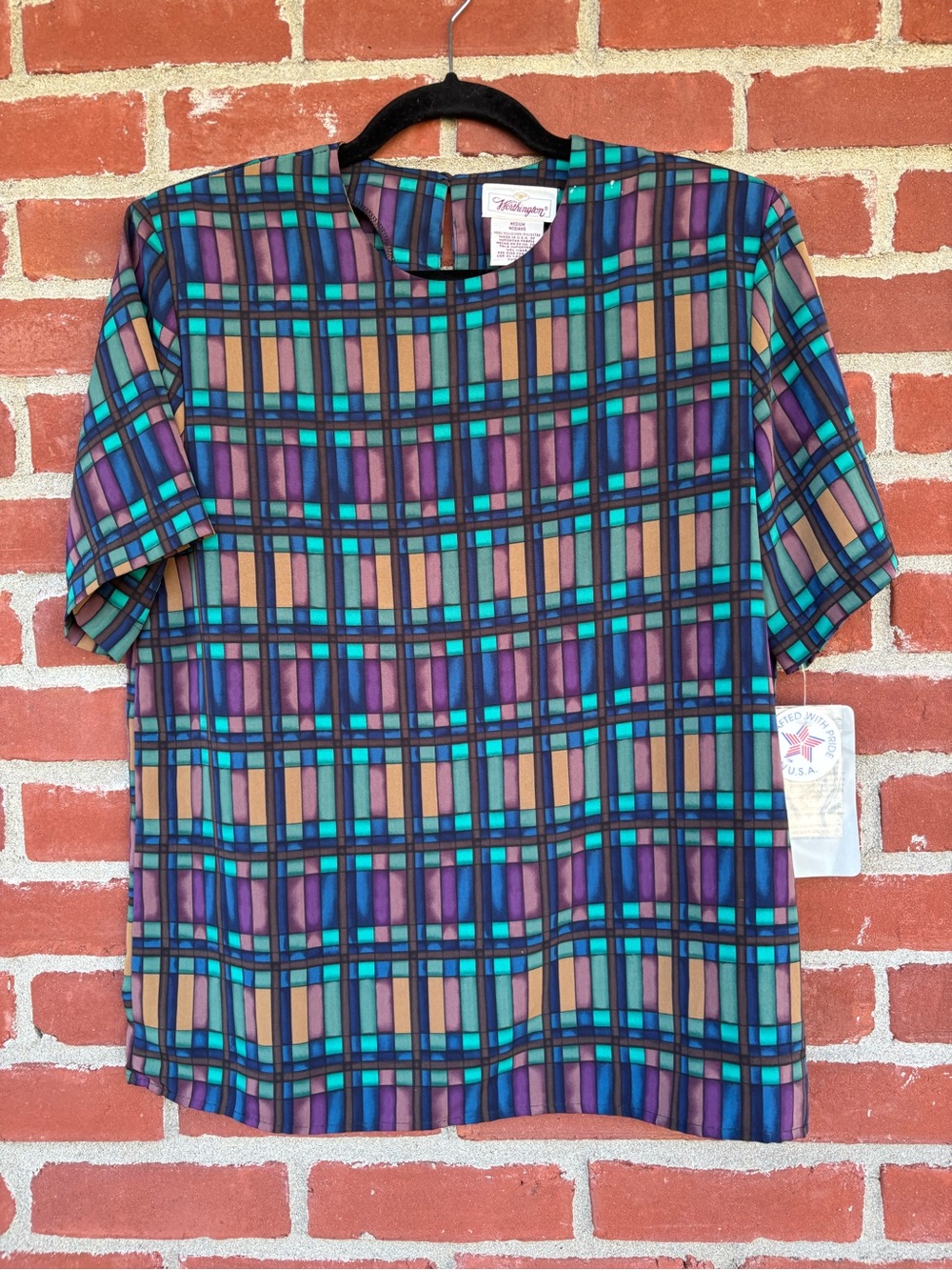 NWT Vintage Plaid Short-Sleeve Shirt in Teal, Purple & Tan